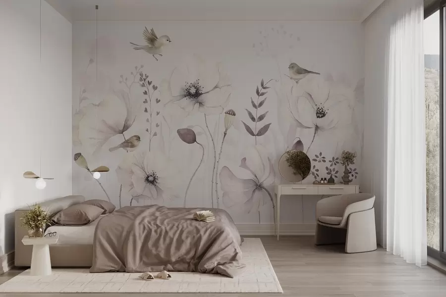 wall murals Watercolor poppies with small birds in soft mauve w04861