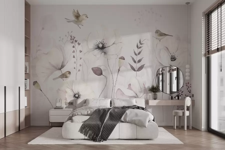 wall murals Watercolor poppies with small birds in soft mauve w04861