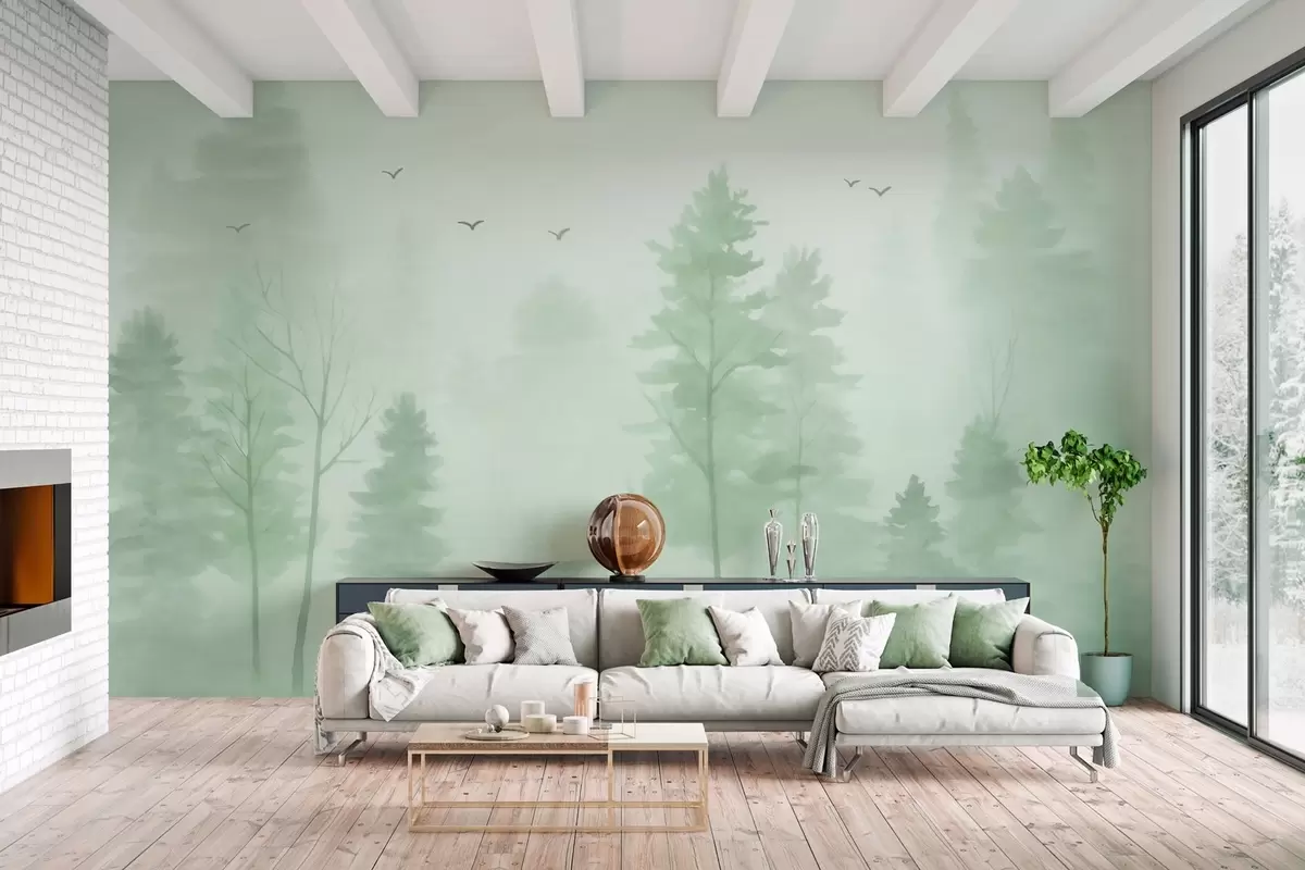 wall murals watercolour-style aerial forest in green tones w04872v1