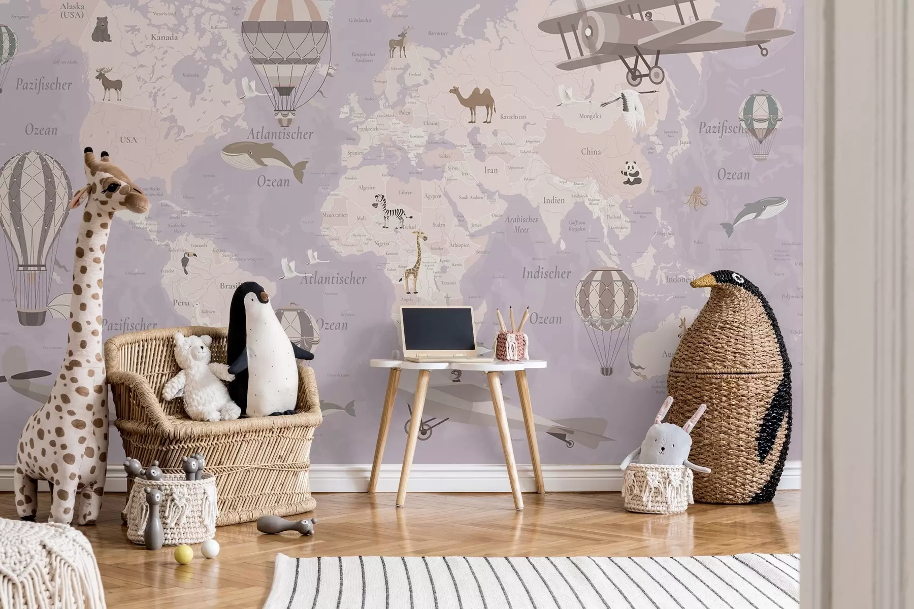 wall murals World map for children with animals, airplanes, and hot air balloons. German language. Purple color. c00003dev4