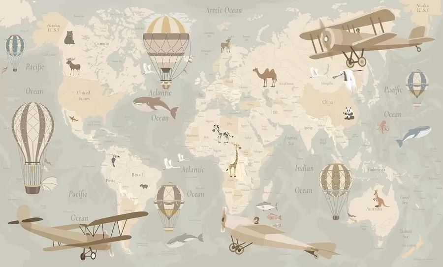 wall murals World map for children with animals, airplanes, and hot air balloons. English language. Beige color. c00003en