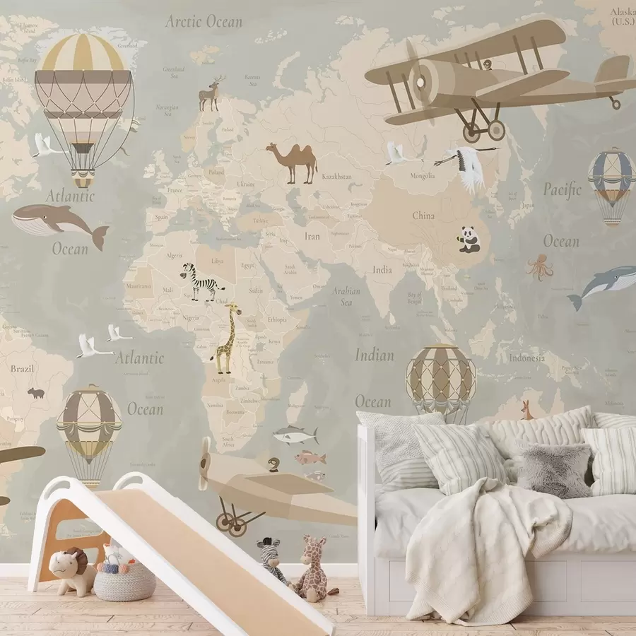 wall murals Children's world map with animals, airplanes, and hot air balloons. English language. Beige color c00003en