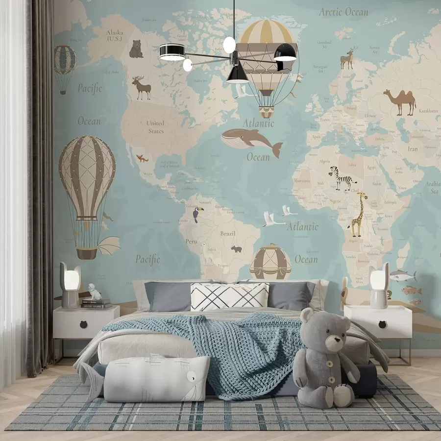wall murals World map for children with animals, airplanes, and hot air balloons. English language. Blue color. c00003env1