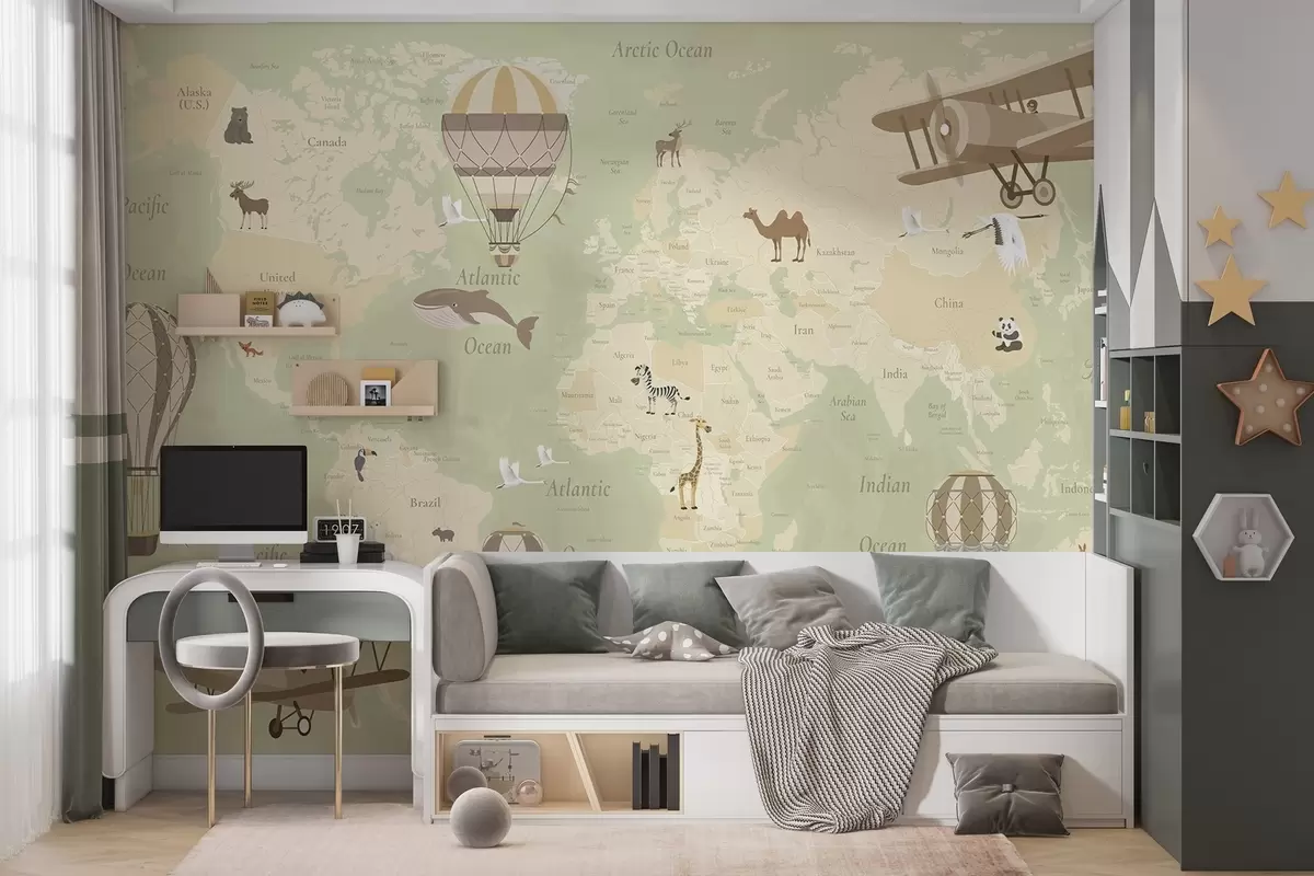 wall murals Children's world map with animals, airplanes, and hot air balloons. English language. Green color c00003env2