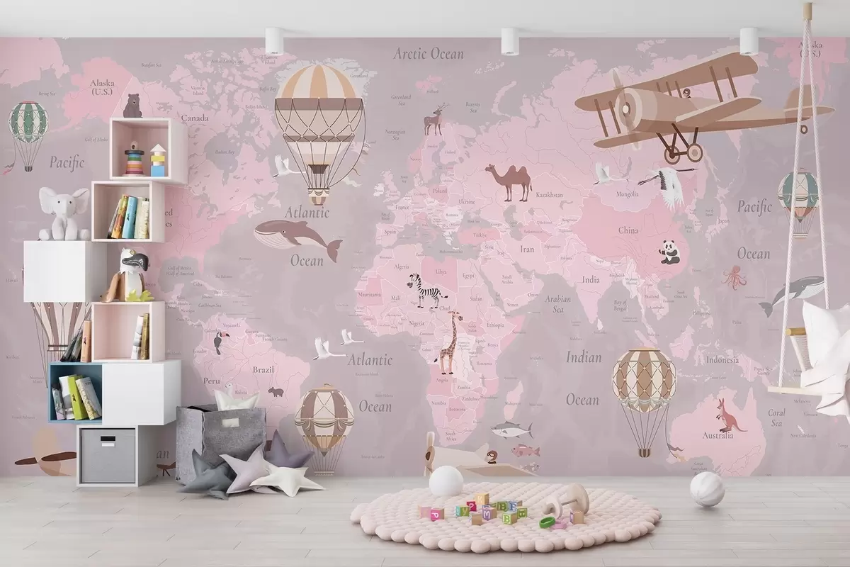 wall murals Children's world map with animals, airplanes, and hot air balloons. English language. Pink color c00003env3
