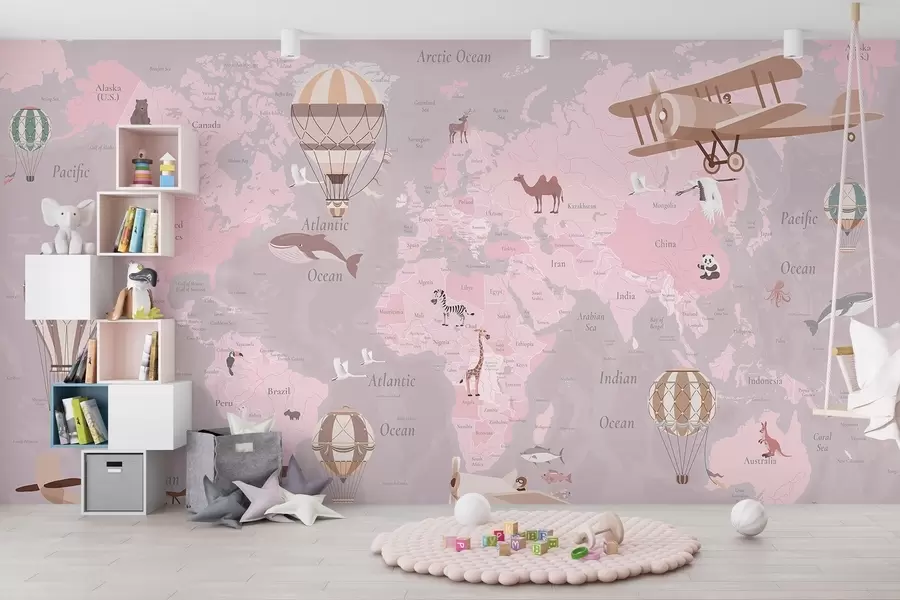 wall murals Children's world map with animals, airplanes, and hot air balloons. English language. Pink color c00003env3