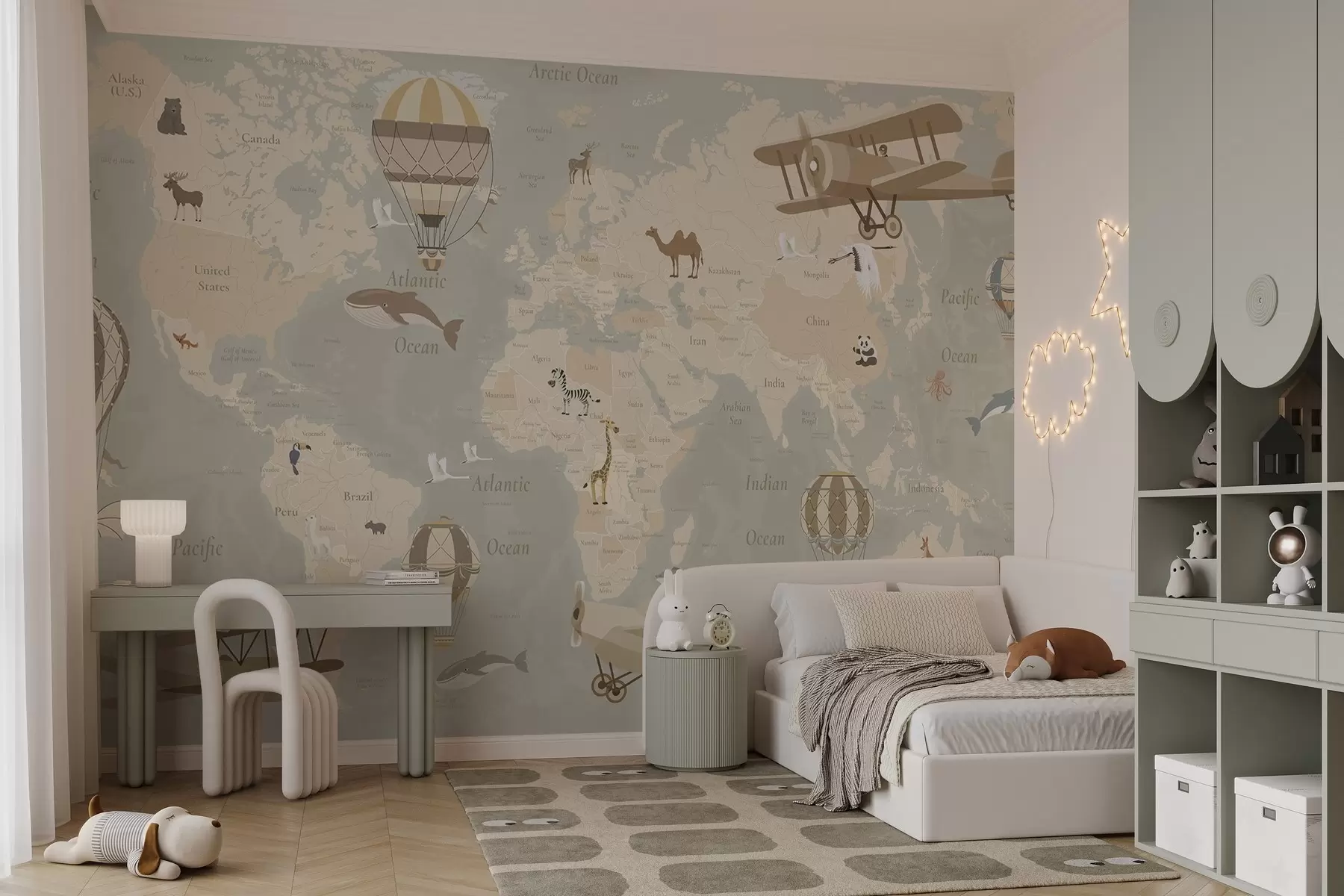 wall murals World map for children with animals, airplanes, and hot air balloons. Spanish language. Beige color c00003es