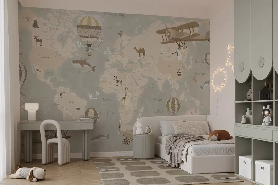 wall murals Children's world map with animals, airplanes, and hot air balloons. French language. Beige color c00003fr