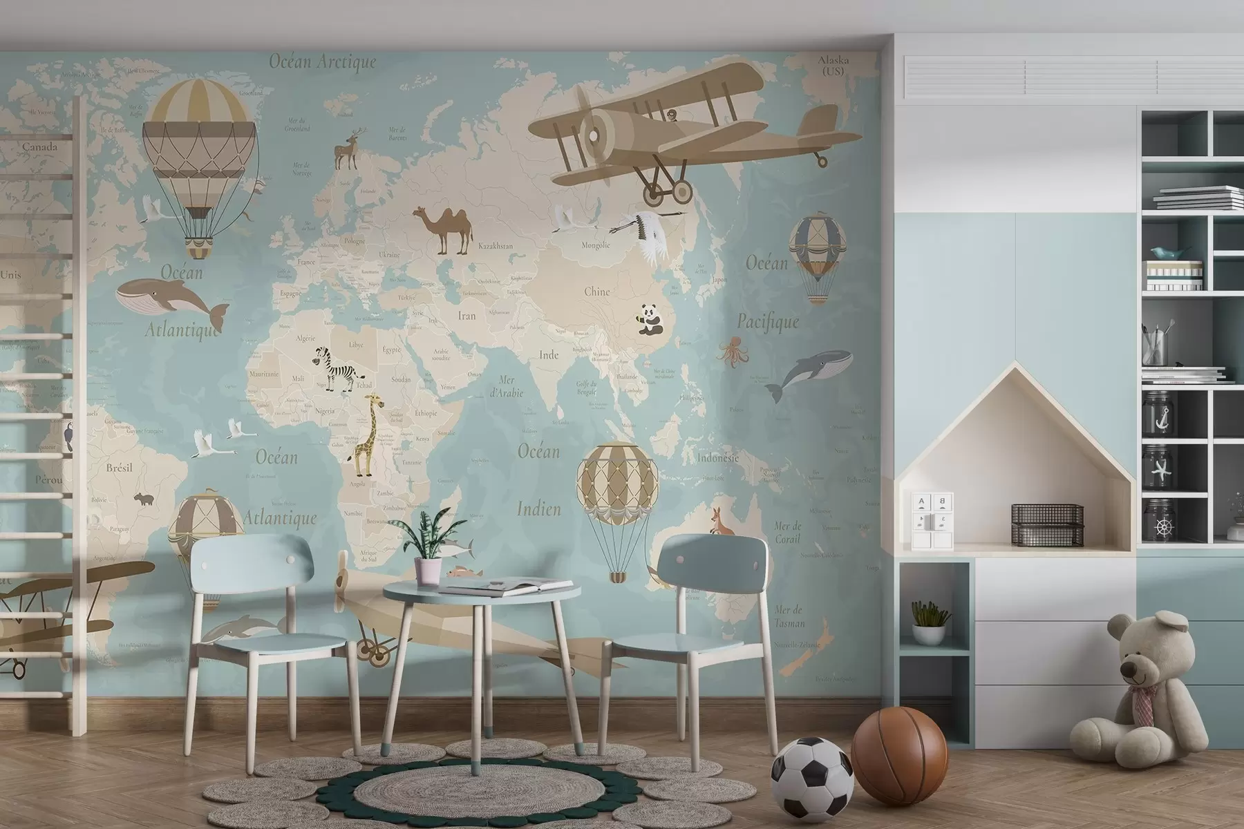 wall murals World map for children with animals, airplanes, and hot air balloons. French language. Blue color. c00003frv1