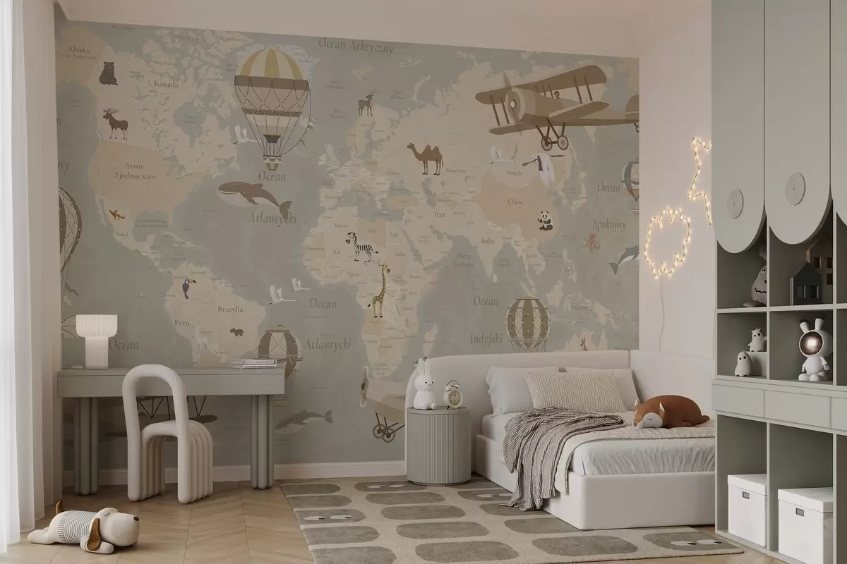 wall murals Children's world map with animals, airplanes, and hot air balloons. Polish language. Beige color c00003pl