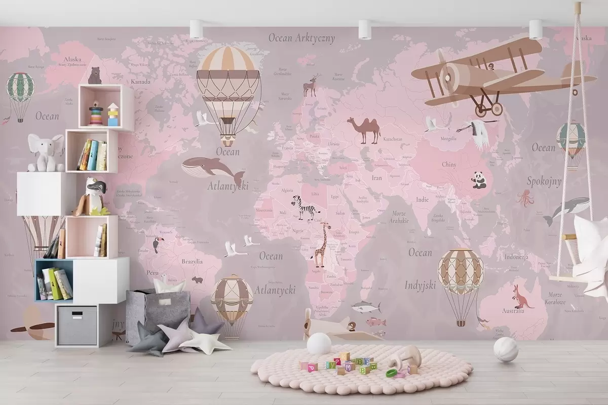 wall murals Children's world map with animals, airplanes, and hot air balloons. Polish language. Pink color c00003plv3