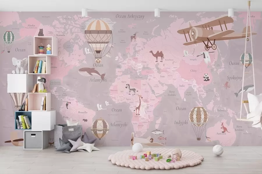 wall murals Children's world map with animals, airplanes, and hot air balloons. Polish language. Pink color c00003plv3