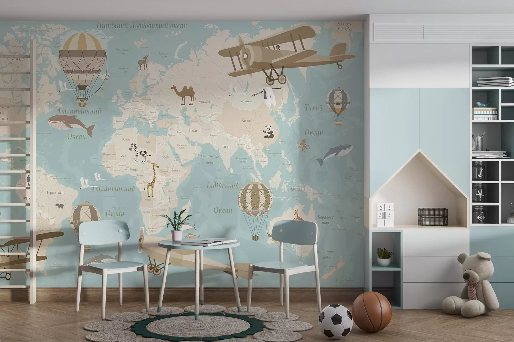 wall murals World map for children with animals, airplanes, and hot air balloons. Ukrainian language. Blue color c00003ukv1