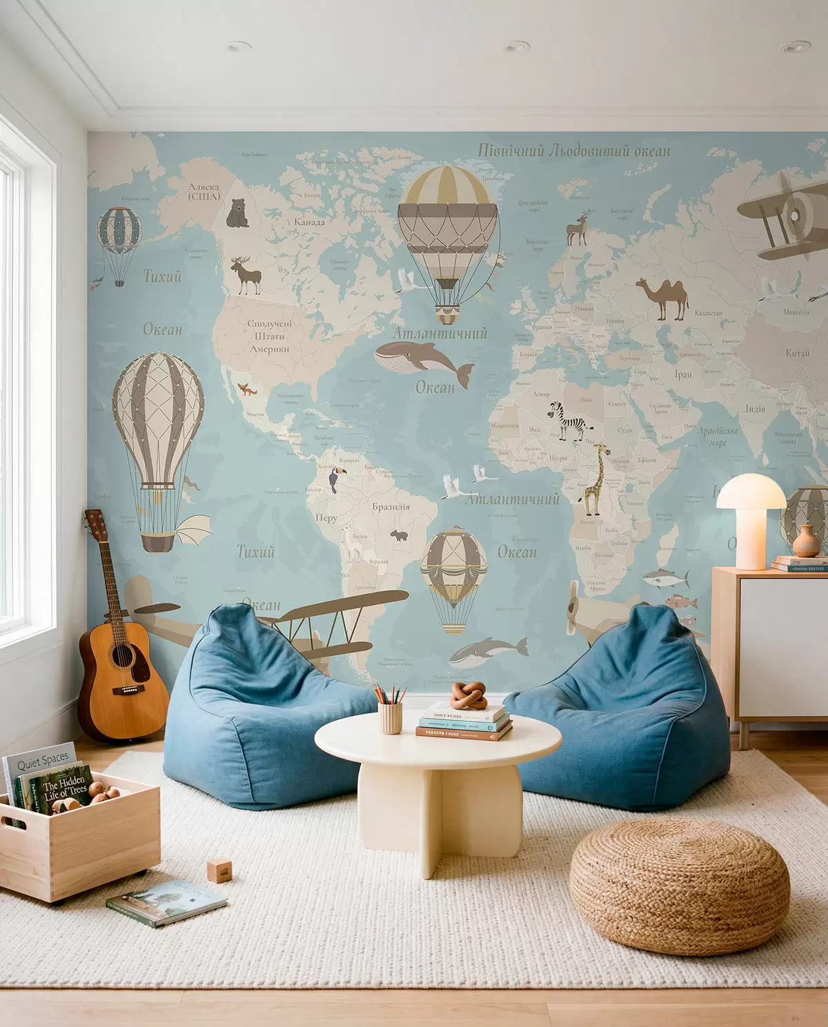 wall murals World map for children with animals, airplanes, and hot air balloons. Ukrainian language. Blue color c00003ukv1