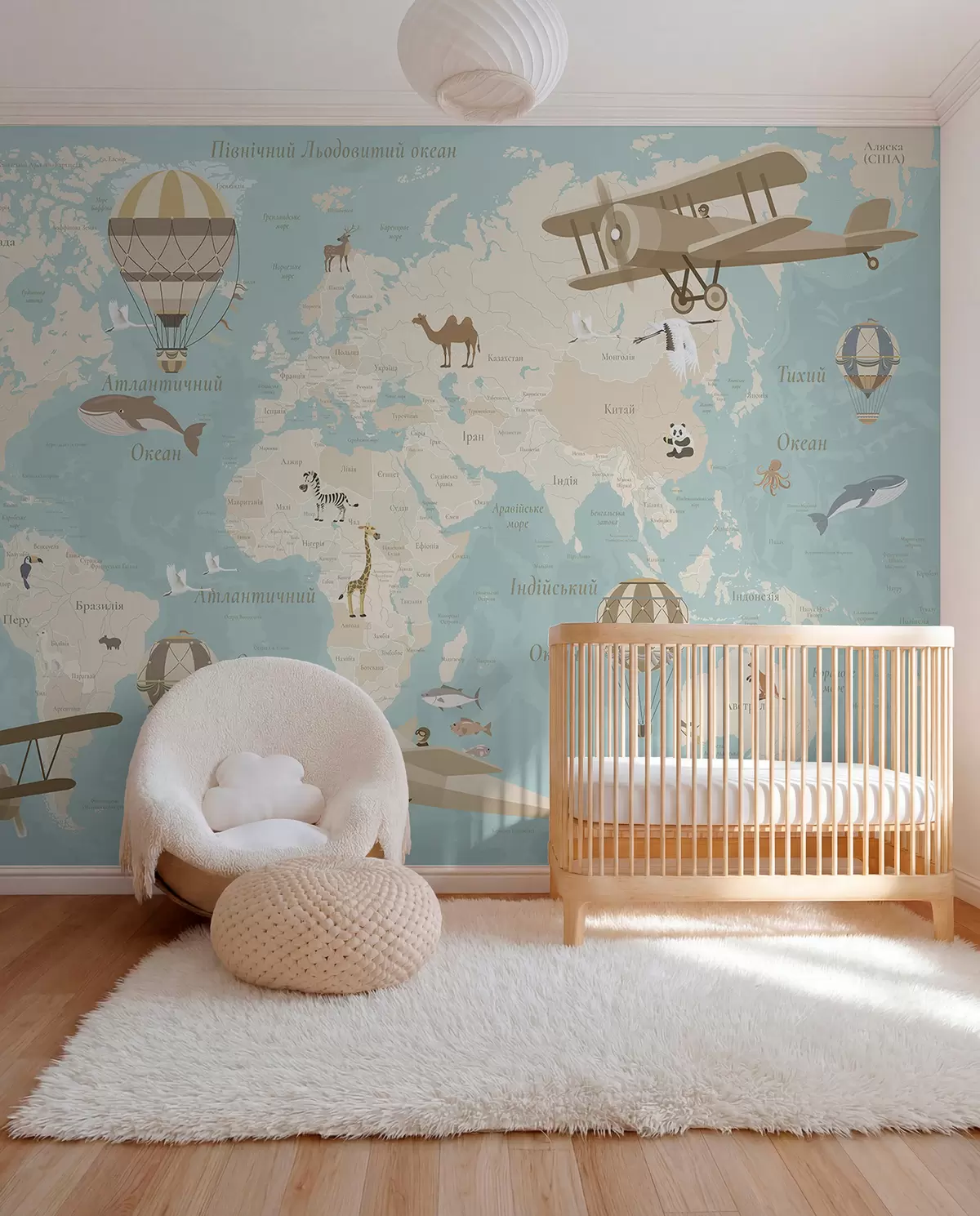 wall murals World map for children with animals, airplanes, and hot air balloons. Ukrainian language. Blue color c00003ukv1