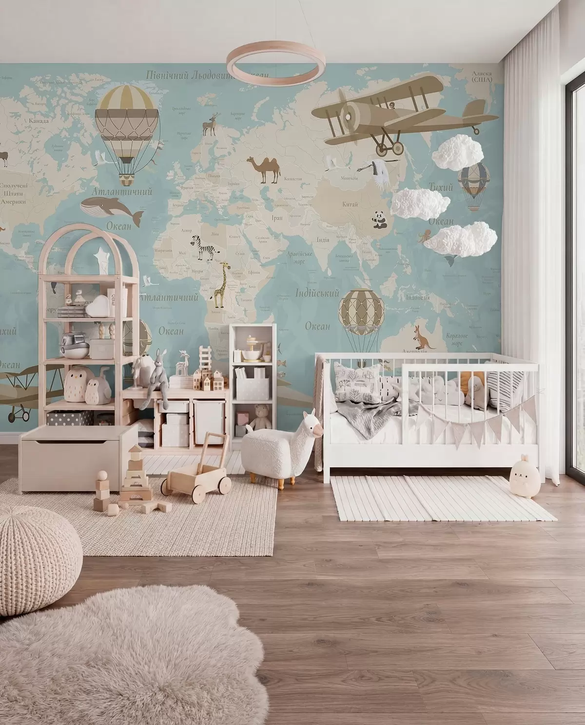 wall murals World map for children with animals, airplanes, and hot air balloons. Ukrainian language. Blue color c00003ukv1
