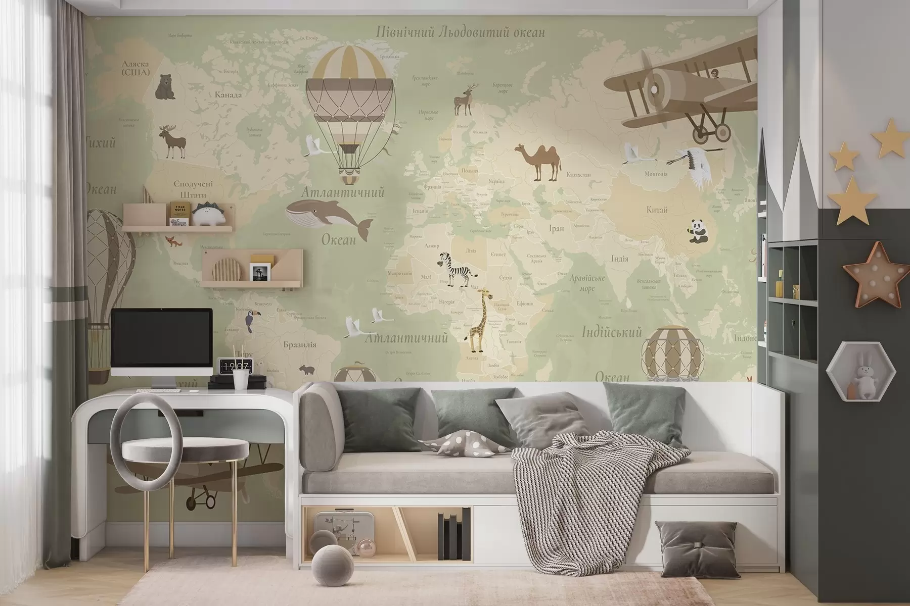wall murals World map for children with animals, airplanes, and hot air balloons. Ukrainian language. Green color c00003ukv2