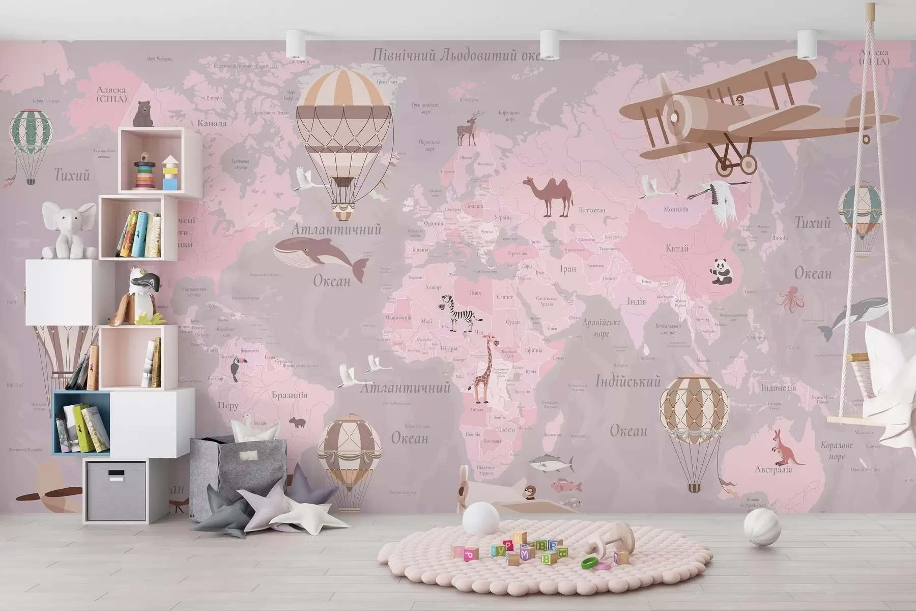 wall murals World map for children with animals, airplanes, and hot air balloons. Ukrainian language. Pink color c00003ukv3