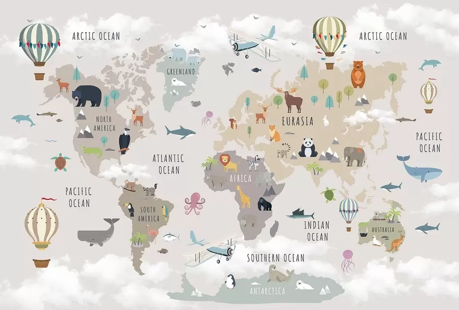 wall murals World map for children with animals and hot air balloons. English language c00002en