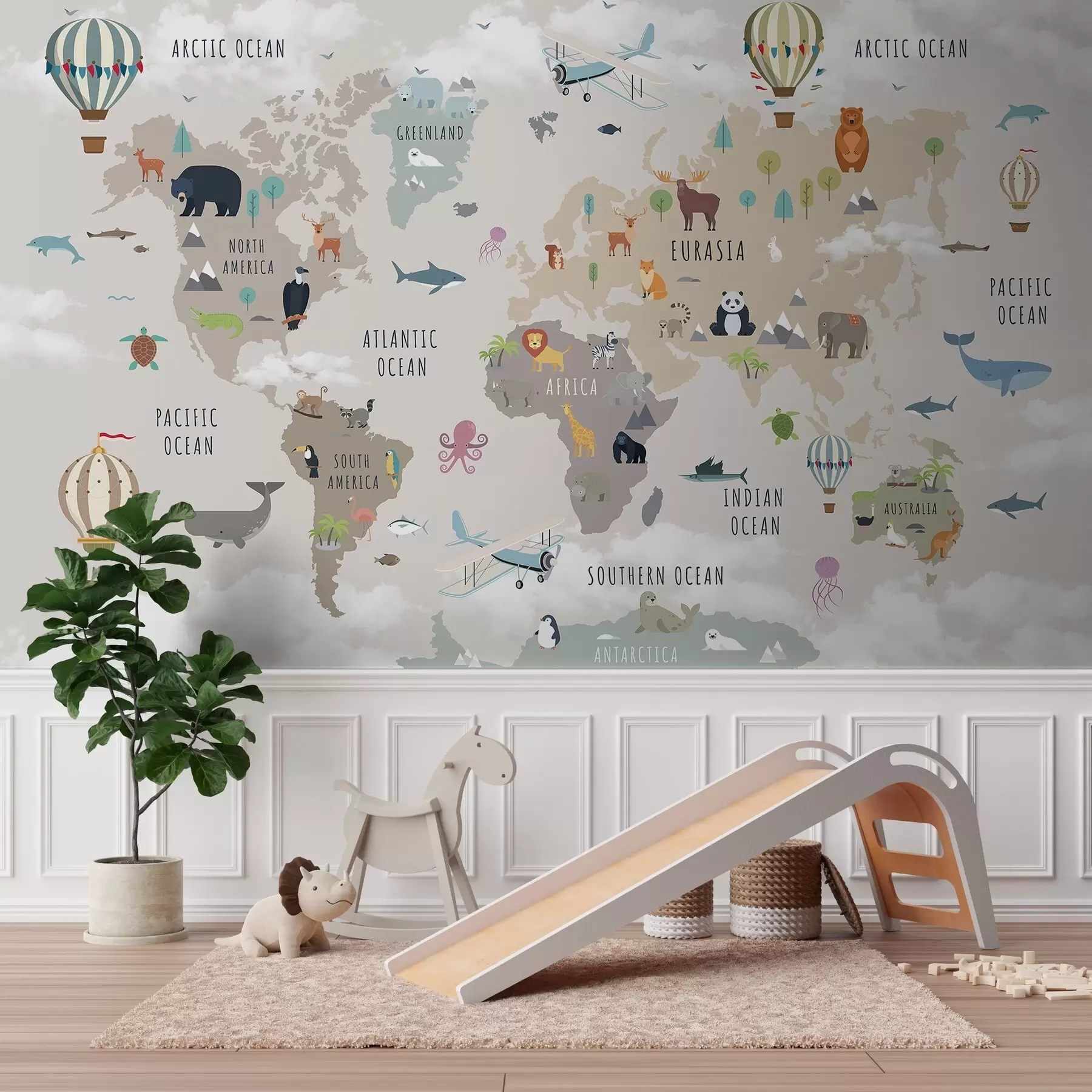 wall murals World map for children with animals and hot air balloons. English language c00002en