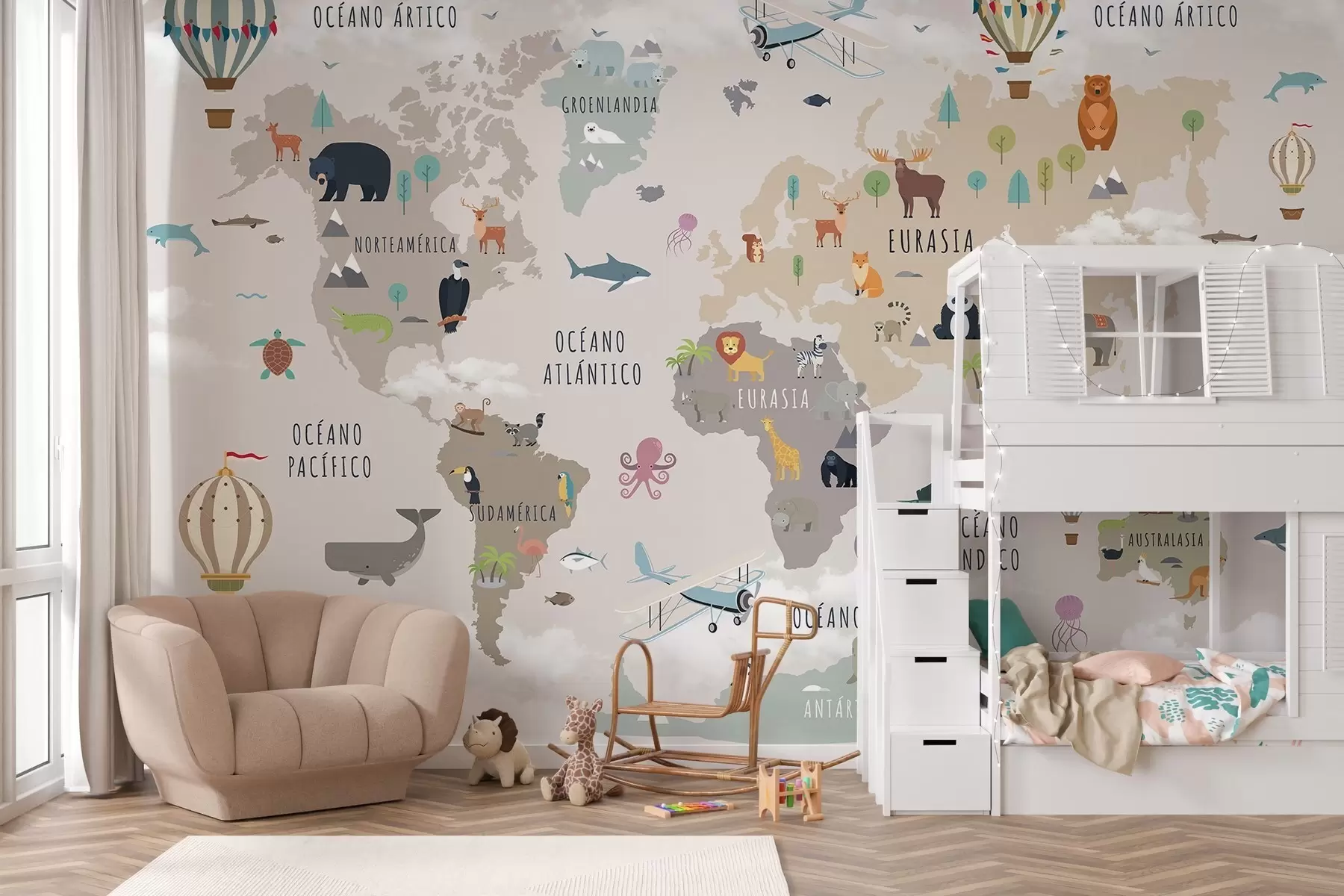 wall murals World map for children with animals and hot air balloons. Spanish language c00002es