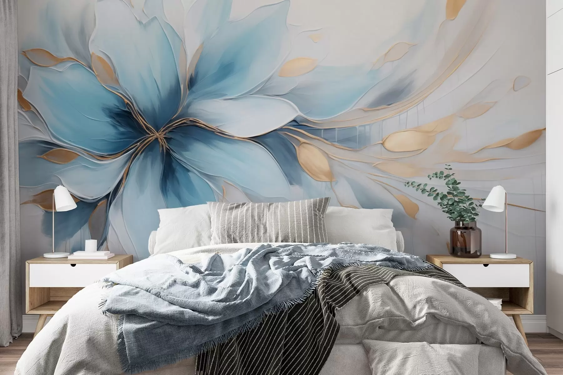 wall murals Abstract blue flower of calm with leaves w09500