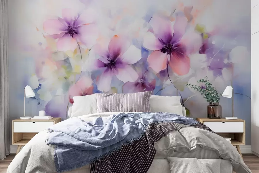 wall murals Spring watercolor flowers in shades of pink and purple w09502