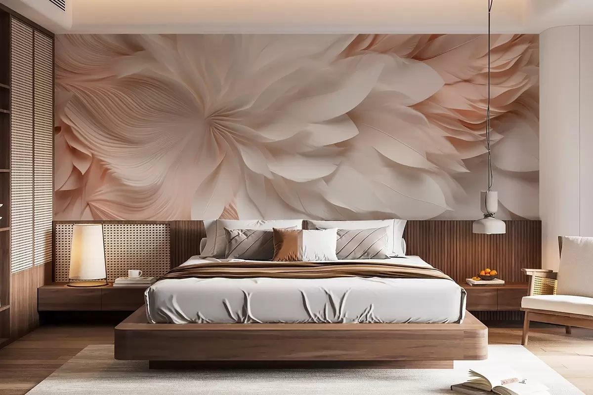 wall murals Delicate abstract feathers in motion in beige and cream tones w09509