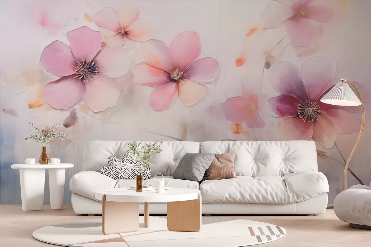 wall murals Branch with pink flowers in watercolor style w09522
