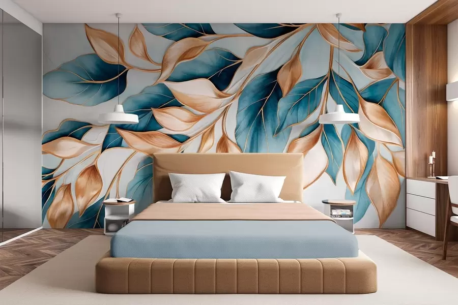 wall murals Textured blue and orange leaves, light blue background, elegant and artistic manner design, modern style w09429