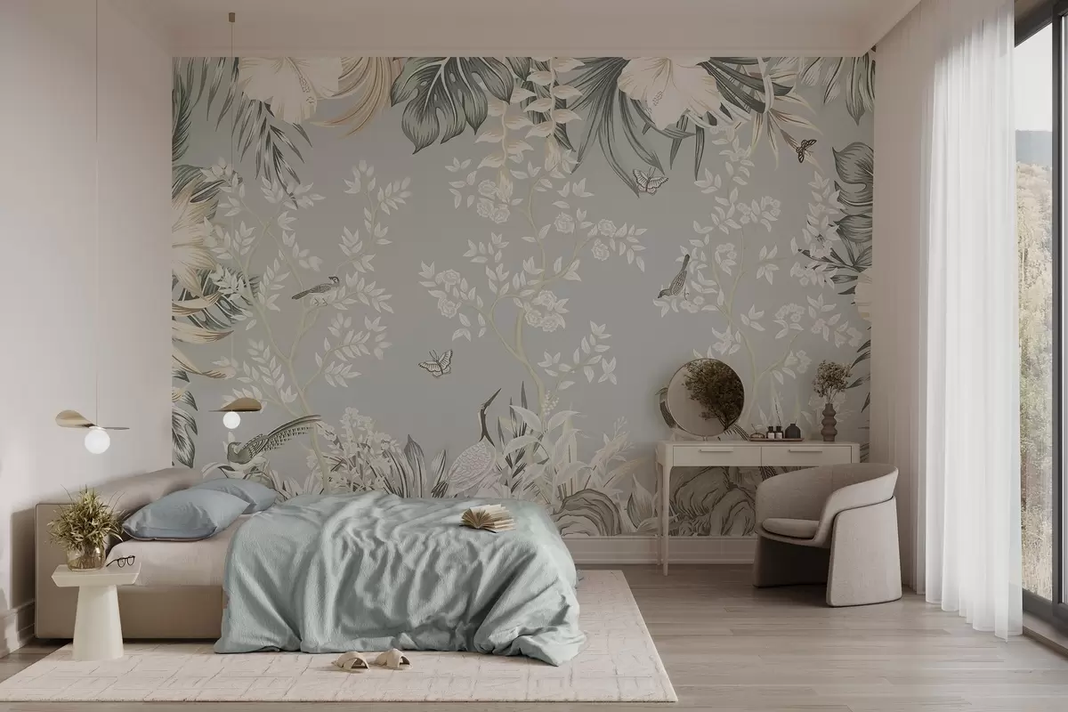 wall murals Tropical textured pastel art with birds, butterflies, hibiscus flowers, palm leaves and trees in a light blue background w09528