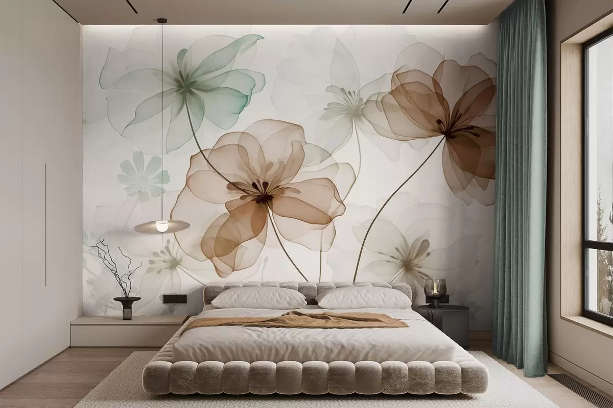 wall murals Translucent flowers with brown and green petals, long stems, light background, soft colors, textured floral design w09529