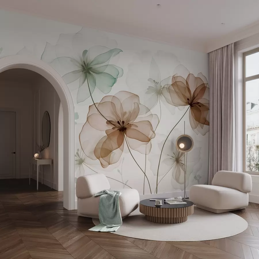 wall murals Translucent flowers with brown and green petals, long stems, light background, soft colors, textured floral design w09529