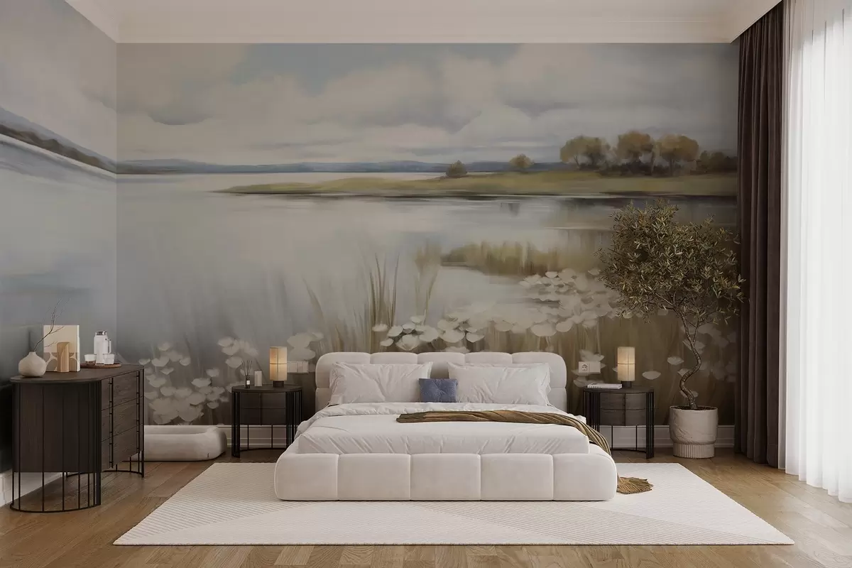 wall murals Textured landscape, field of white flowers and tall grass, a lake in the background, a grassy hill with trees, soft colors w09530