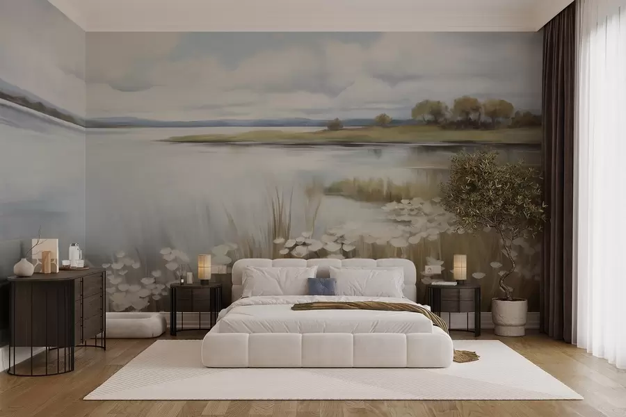 wall murals Textured landscape, field of white flowers and tall grass, a lake in the background, a grassy hill with trees, soft colors w09530