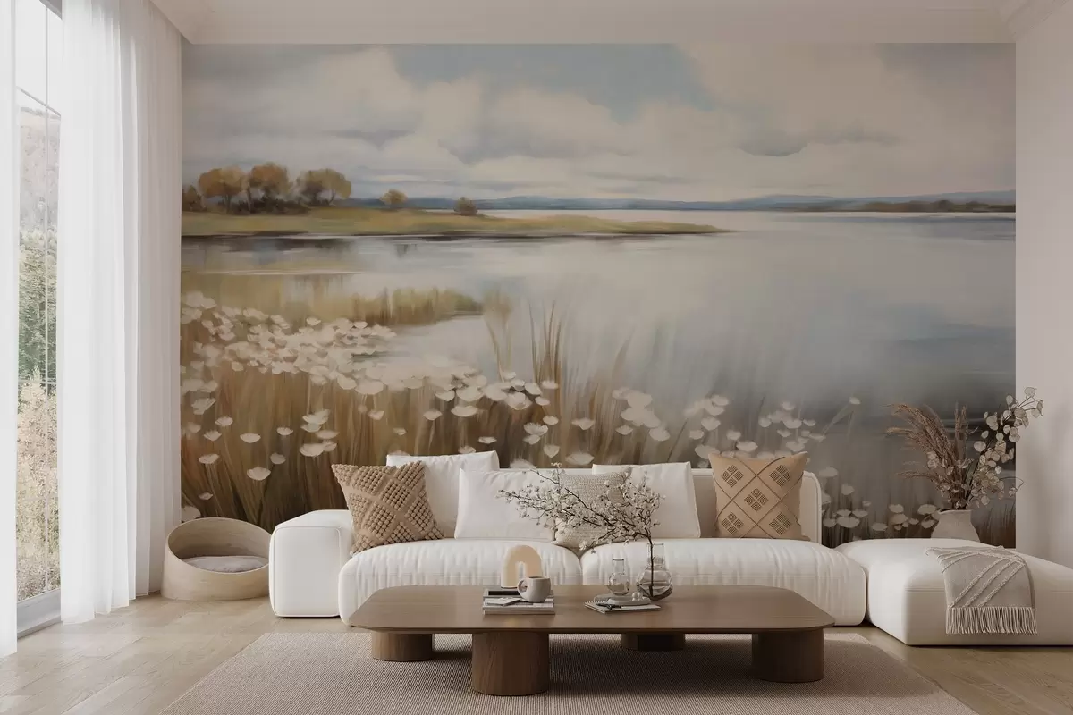 wall murals Textured landscape, field of white flowers and tall grass, a lake in the background, a grassy hill with trees, soft colors w09530