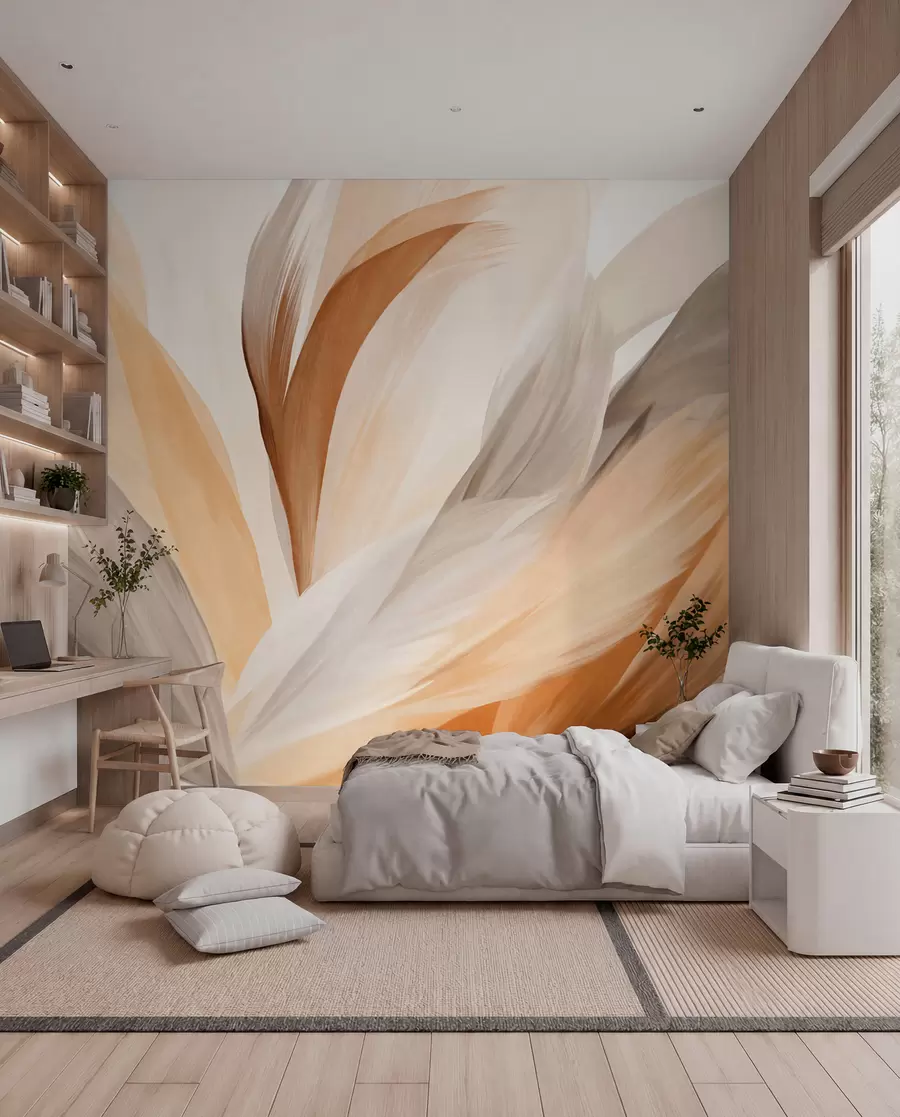 wall murals Abstract textured feathers in brown, white, and gray and various shades, overlapping on a white background w09531