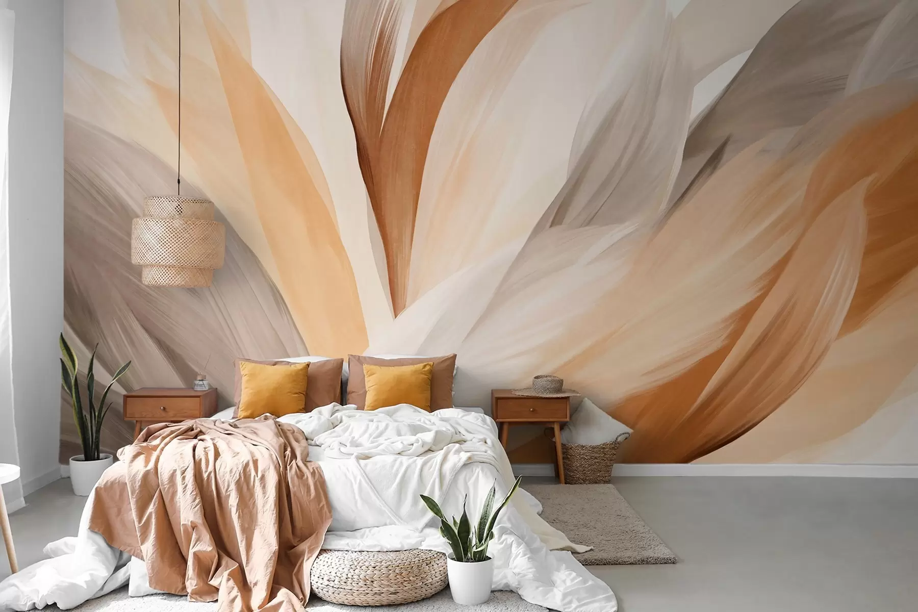 wall murals Abstract textured feathers in brown, white, and gray and various shades, overlapping on a white background w09531