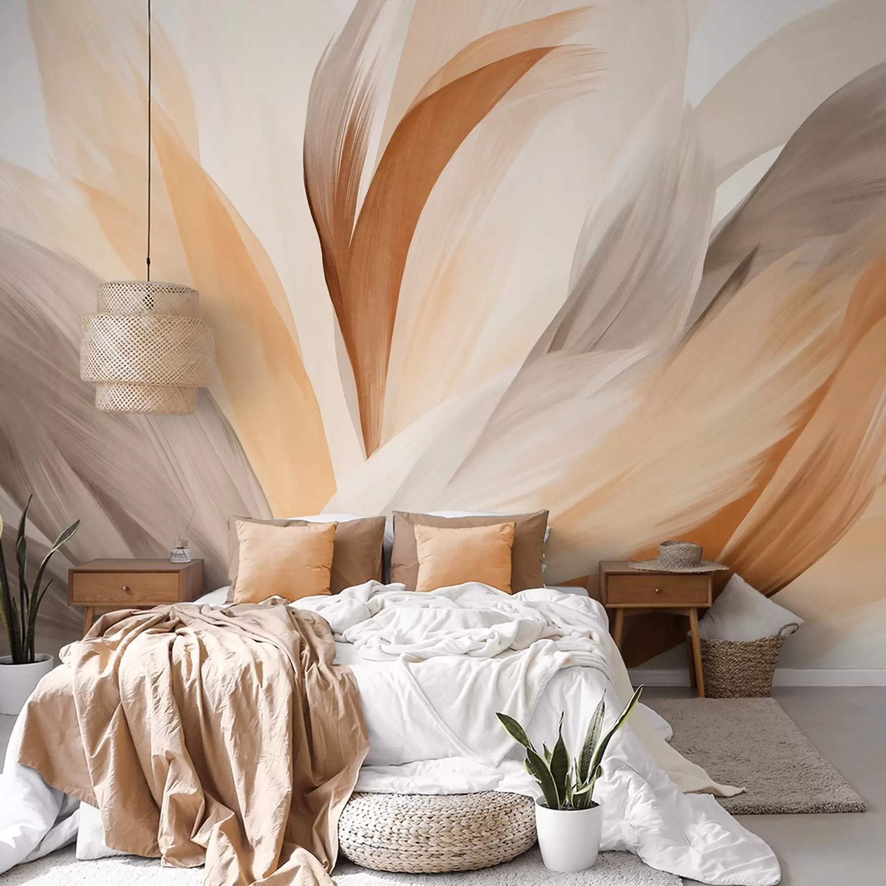 wall murals Abstract textured feathers in brown, white, and gray and various shades, overlapping on a white background w09531