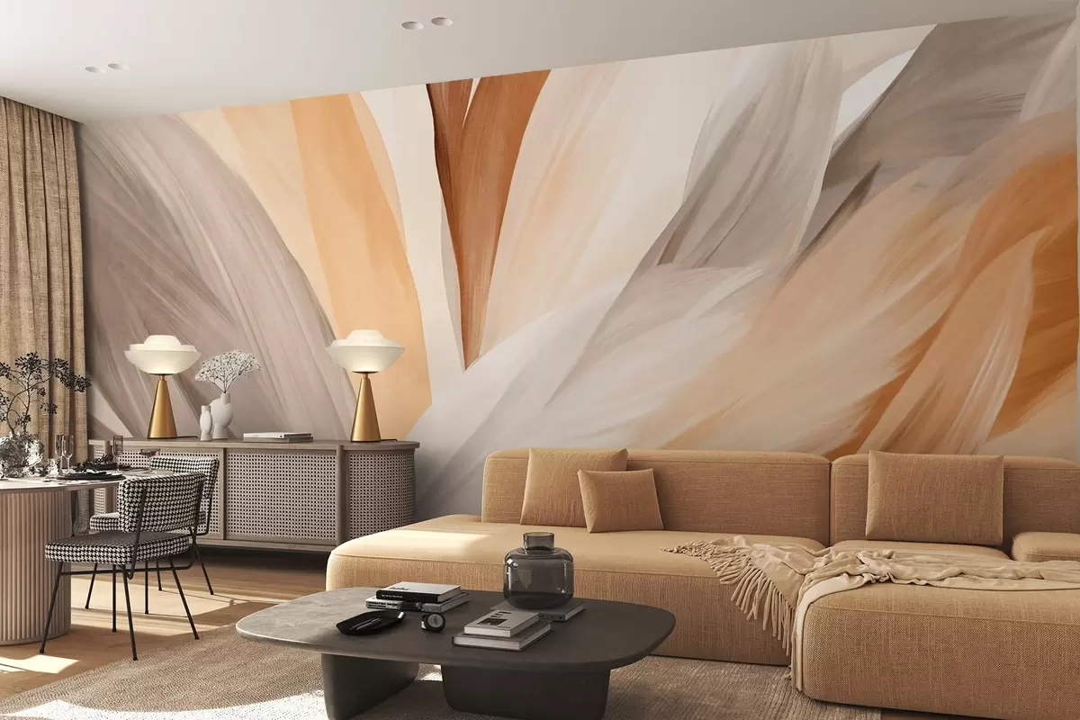 wall murals Abstract textured feathers in brown, white, and gray and various shades, overlapping on a white background w09531
