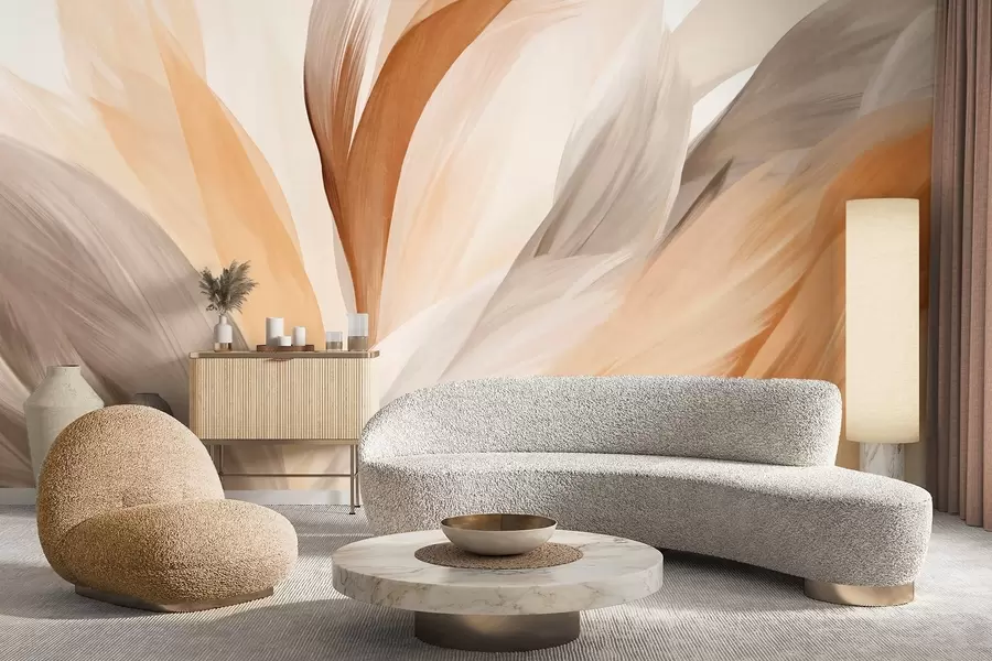 wall murals Abstract textured feathers in brown, white, and gray and various shades, overlapping on a white background w09531