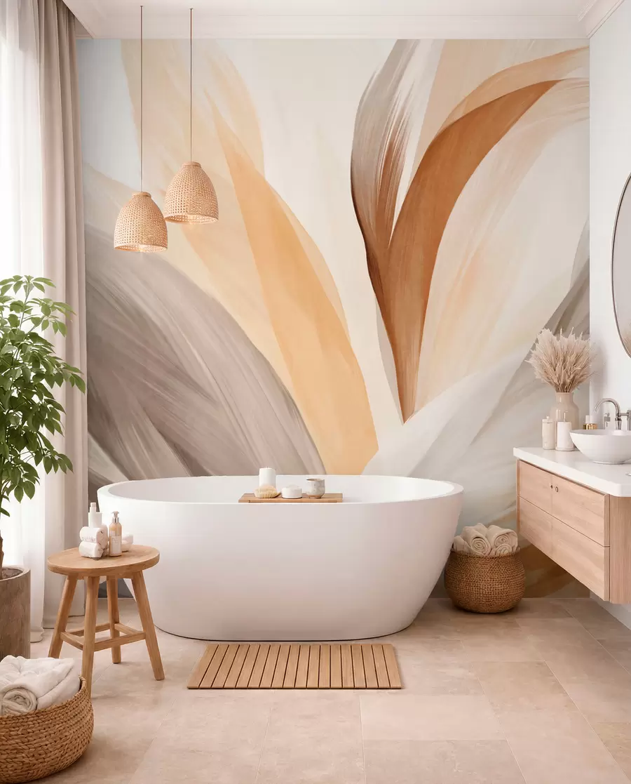 wall murals Abstract textured feathers in brown, white, and gray and various shades, overlapping on a white background w09531