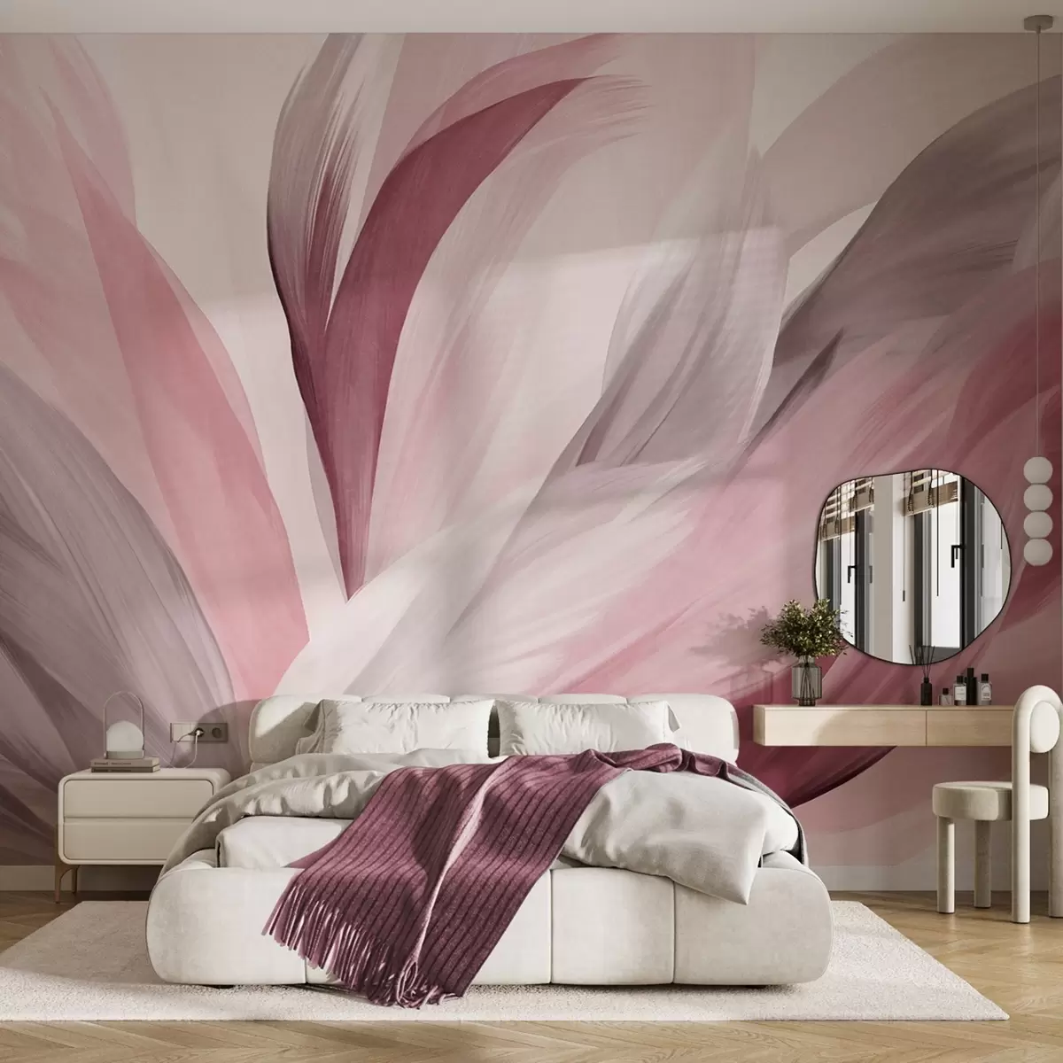 wall murals Abstract textured feathers in pink, white, and gray and various shades, overlapping on a white background w09531v2