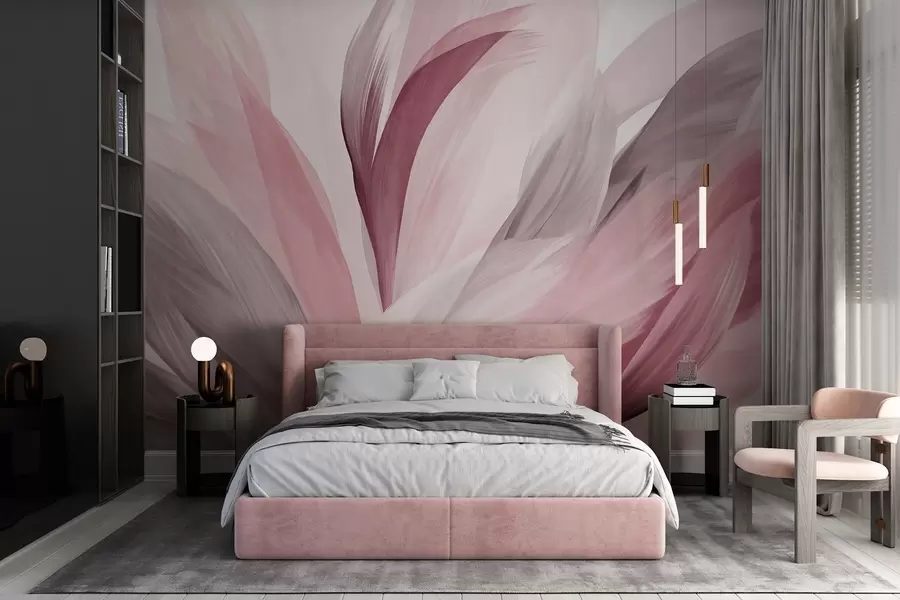 wall murals Abstract textured feathers in pink, white, and gray and various shades, overlapping on a white background w09531v2