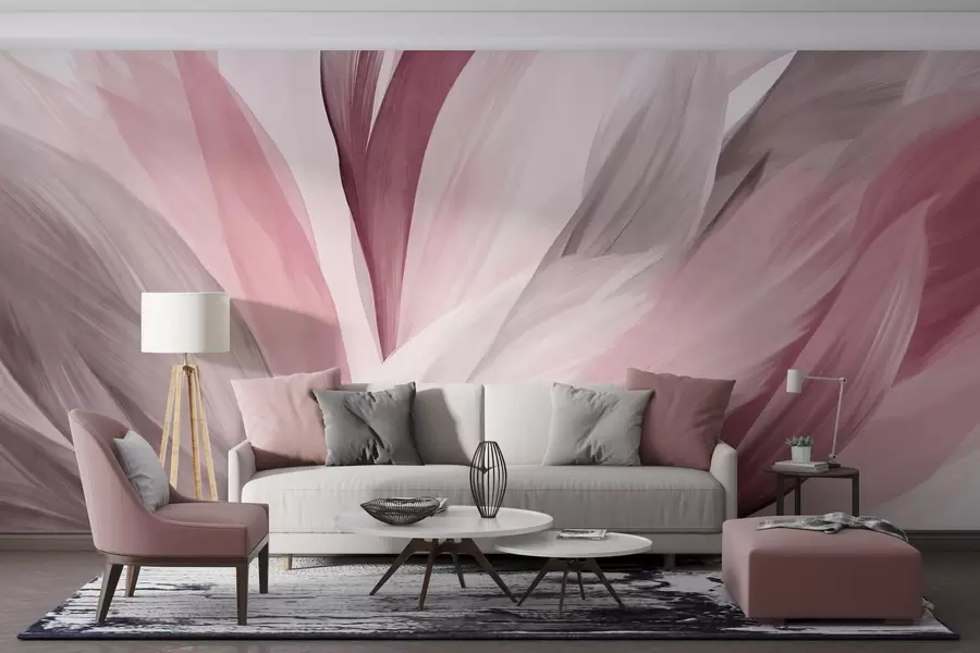 wall murals Abstract textured feathers in pink, white, and gray and various shades, overlapping on a white background w09531v2