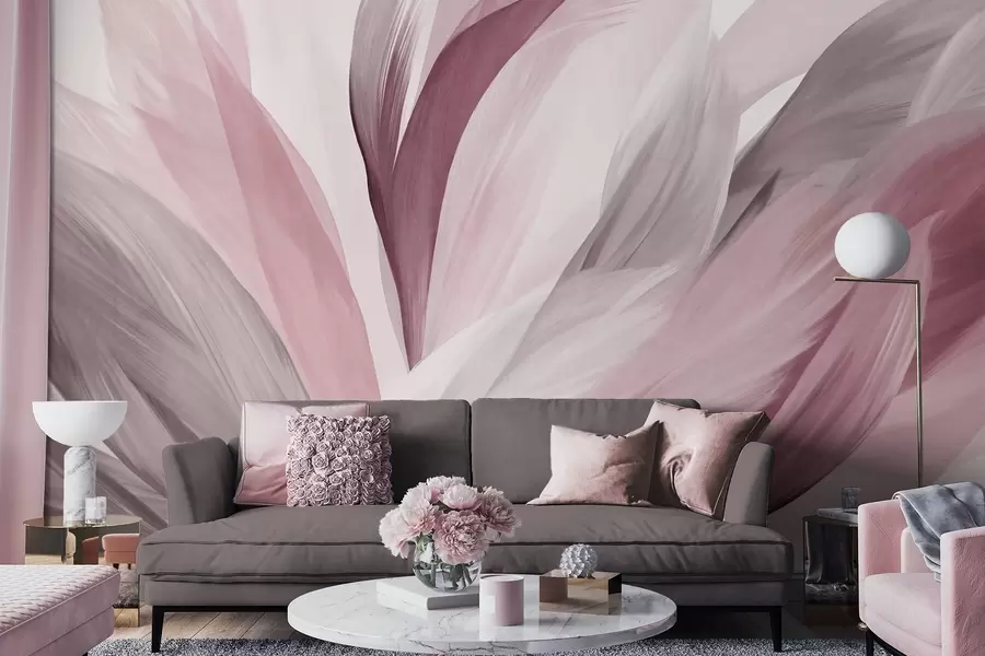 wall murals Abstract textured feathers in pink, white, and gray and various shades, overlapping on a white background w09531v2
