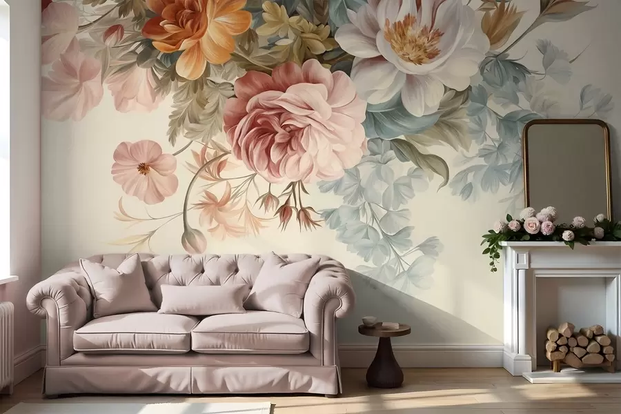 wall murals Vintage floral arrangement with roses, peonies and other textured flowers with foliage, on a light background w09532