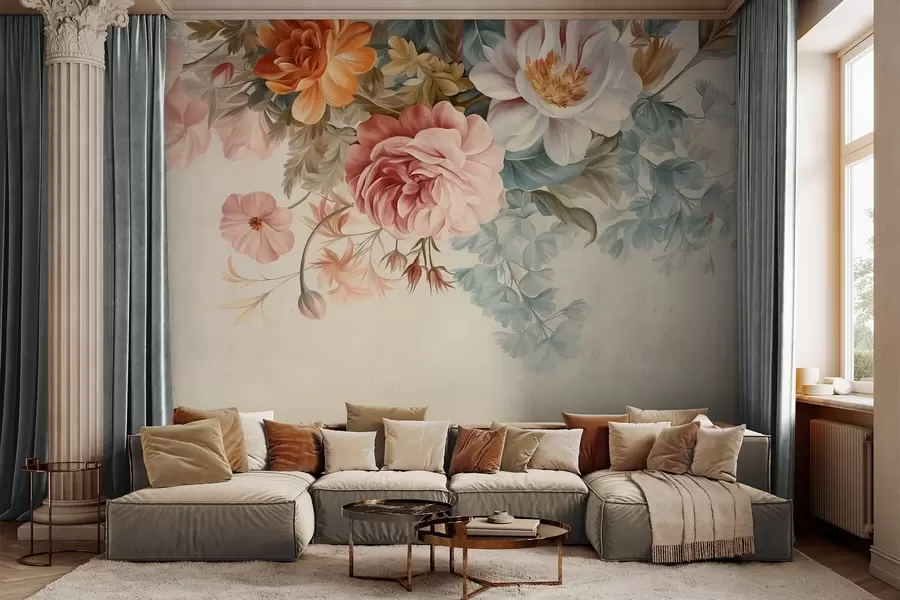 wall murals Vintage floral arrangement with roses, peonies and other textured flowers with foliage, on a light background w09532