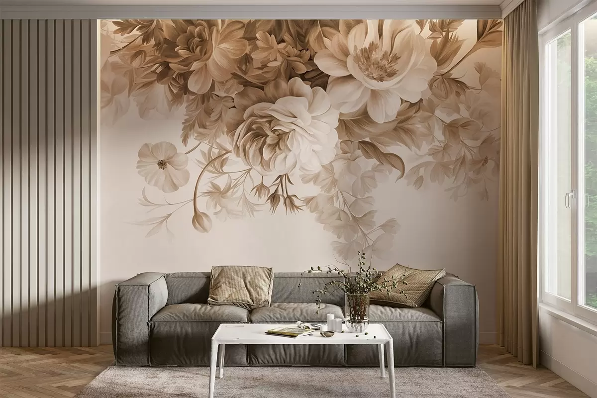 wall murals Vintage floral arrangement with roses, peonies and other textured flowers with foliage, on a light background w09532v1