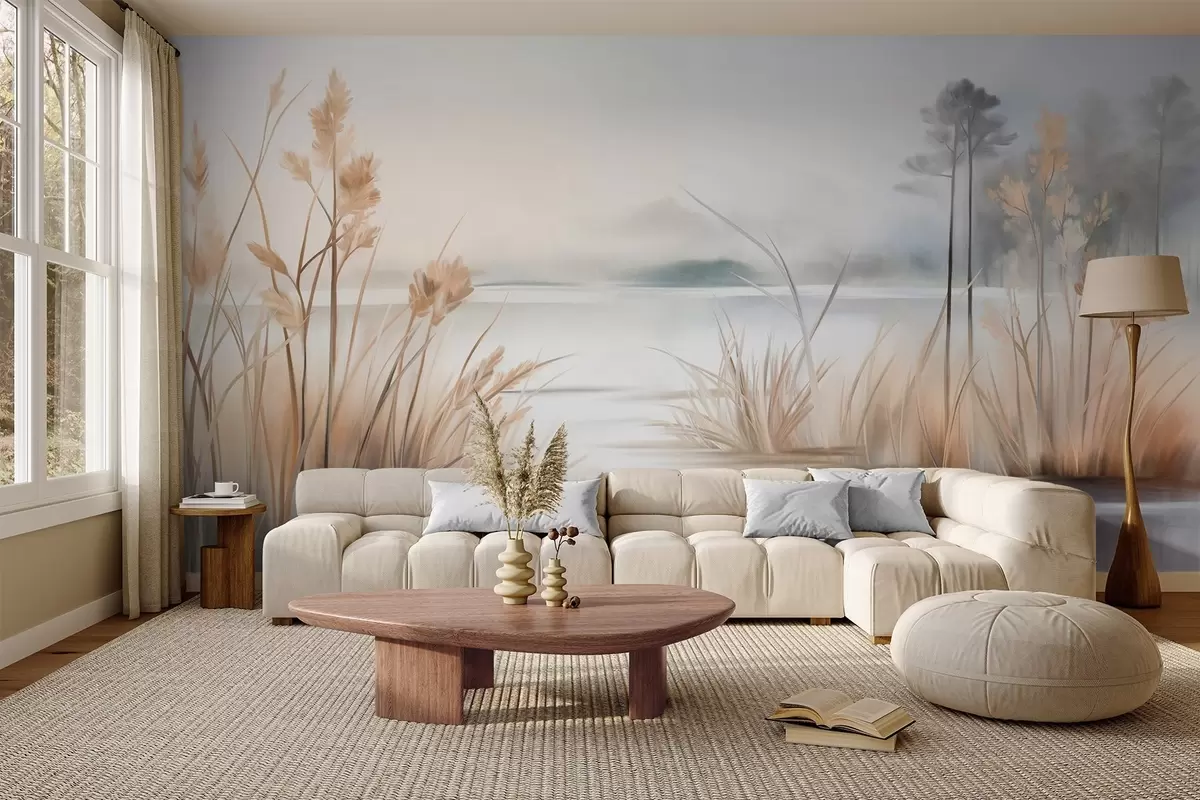 wall murals Landscape with a lake and tall grass in the foreground, mountains in the background, soft colors, textured w09534